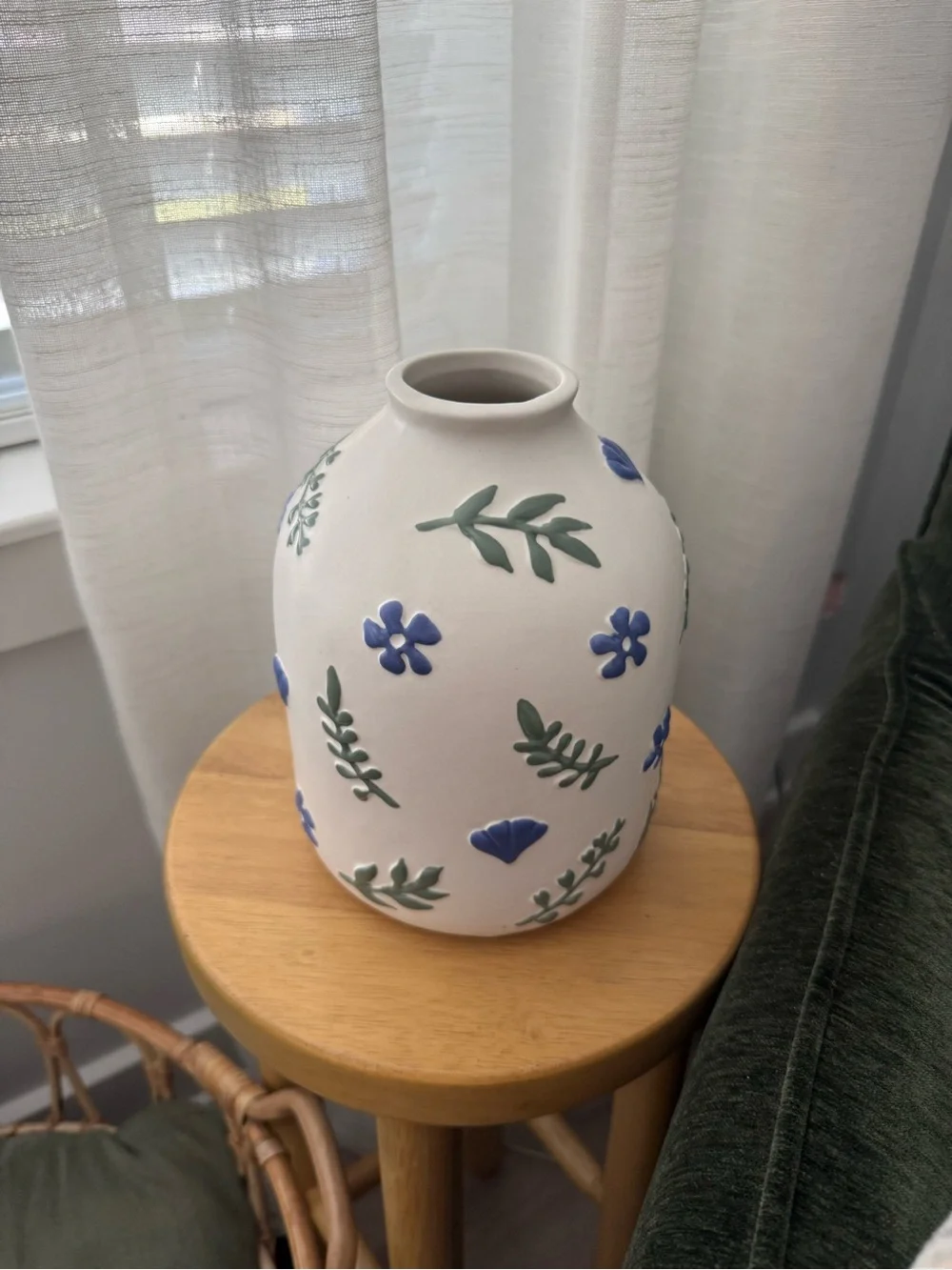 White Ceramic Bud Vase with Blue Floral